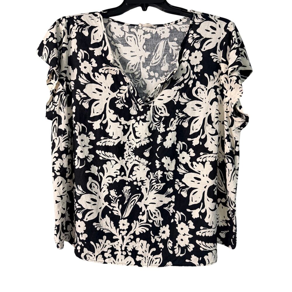 Christian Siriano 1X Black & Ivory Floral Linen Blend V-Neck Blouse